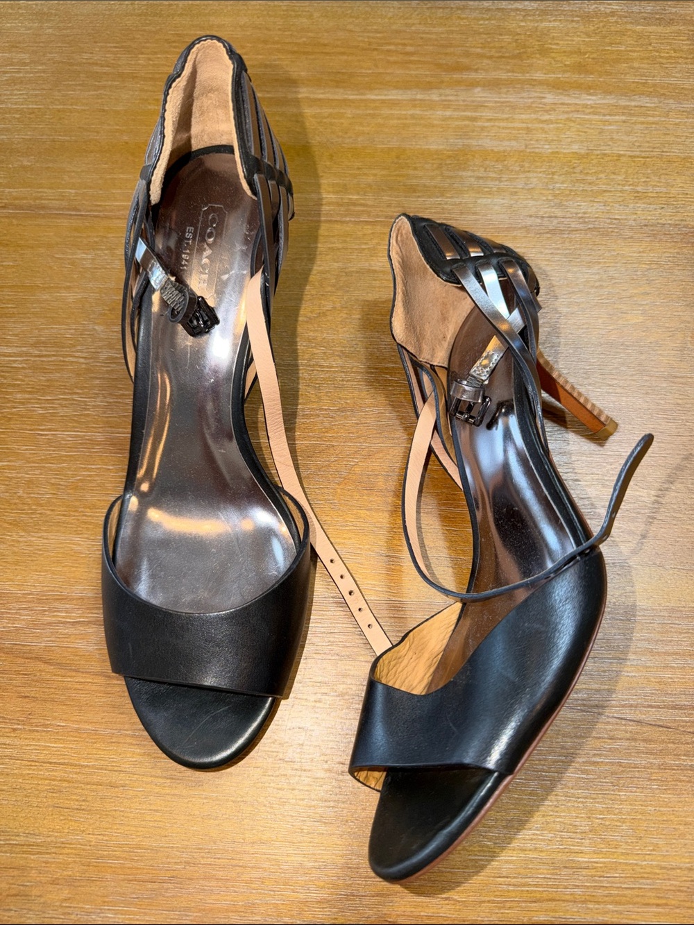 Coach Black Leather Strappy High Heel Sandals with Ankle Straps